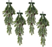 4Pack 27.6 in Decorative Teardrop Swag with Pine Cones Xmas Swags Velvet Bow Artificial Greenery Swag Wreath for Front Door Wall Home Decor (Green)