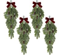 4Pack 27.6 in Decorative Teardrop Swag with Pine Cones Xmas Swags Velvet Bow Artificial Greenery Swag Wreath for Front Door Wall Home Decor (Burgundy)