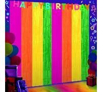 4Pack 3.3Ft x 6.6Ft Multi-Color Glow in the Dark Foil Fringe Curtain Backdrop Party Supplies, Fluorescent Macaron Metallic Tinsel Foil Streamers Curtain Photo Booth for Neon Birthday Party Decorations