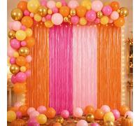 4Pack 3.3Ft x 6.6Ft Pink and Orange Foil Fringe Curtain Backdrop Decorations, Sunset Metallic Tinsel Foil Streamers Curtain Photo Booth Background for Soiree Tequila Sunrise Birthday Party Decorations