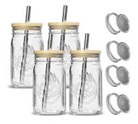4Pack 32oz Vintage Mason Jars with Bamboo Lids, Wide Mouth Glass Mason Cup with Lids and Straw， Iced Coffee Cup for Juice Milkshake Tea