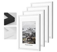 4pack A4 Picture Frame, White Wooden Picture Frames, 29.7x21cm Photo Frame with Perspex Glass, With Stand and Wall Mountable, Horizontal or Vertical Wall Mounting, Bedroom and Living Room Decoration