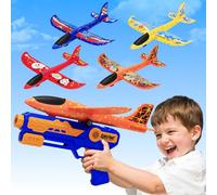 4Pack Airplane Launcher Toys, Kid Outdoor Garden Games Foam Glider Airplane Catapult for Boys Toys Age 3 4 5 6 7 8 9 Year Old, 2 Flight Modes with DIY Stickers, Gifts for Boys Birthday Xmas Party