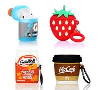 (4Pack) Case for AirPods 2nd/1st Generation(2019/2016) Earbuds, XMBYGY Silicone Case Protective Cover with Cute Cartoon Skin Design for AirPods 1/2, with Carabiner (G+GOD+Mcoffee+3Dstrawberry)