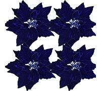 4Pack Christmas Poinsettia Decorations 9.8In Artificial Velvet Flowers for Christmas Tree Ornament DIY Wreath Xmas Party Home Supplies (Navy Blue)