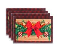 4Pack Christmas Table Mats, Washable Linen Xmas Place Mats Large Red Bow Christmas Tree Placemats for Xmas Party Kitchen Dining Table Decoration