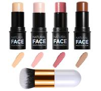 4Pack Contour Highlighter Blush Sticks with Brush, Cream Bronzer Contour Stick Kit for Cheeks Eyes Lips, Long Lasting & Smooth Natural Face Contouring Illuminator, Professional Makeup Kit for All Skin