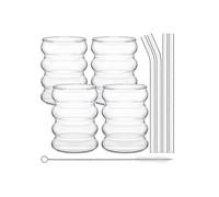 4pack Glasses Cute Ripple Retro Water Glass With Straw Ribbed Glassware Kitchen Coffee Juice Set