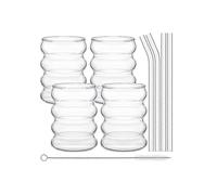 4pack Glasses Cute Ripple Retro Water Glass With Straw Ribbed Glassware Kitchen Coffee Juice Set