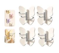 4Pack Rotating Butterfly Adhesive Wall Hooks,Wings Adjustable 270°,Three Hook Can Rotate 180°,Heavy Duty No-Drill Design,No Drill Wall Mount Storage Hook,Saving Hooks for Inner&Outer Corners (White)