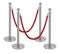 4Pack Silver Stanchion Post, 5 ft Red Velvet Rope Red Carpet Ropes and Poles, Stainless Steel Stanchions for Grand Opening Casino Theme Party Decorations Crowd Control Barriers