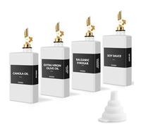 4pack Square Glass Oil Dispenser,White Kitchen Olive Oil Bottle with Plum-Shaped Auto-Open Pourer, Oil and Vinegar Dispenser Set with Silicone Funnel&40 Waterproof Labels(350ml/11.8 oz)