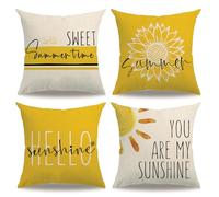 4Pack Summer Decor Pillow Covers Yellow Floral Sunflower Hello Sunshine Cushion Cover You Are My Sunshine Farmhouse Sweet Summer time Home Decor Pillowcases 18”×18”For Sofa Patio Couch (Yellow)