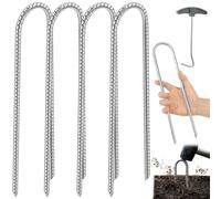 4Pack Tent Pegs Metal Heavy Duty 12 Inch Ground Anchors with Peg Puller Ribbed Steel U-Shaped Trampoline Stakes Galvanised Metal Tent Pegs Garden Staples for Camping, Gazebo, Swing Sets, Football Nets