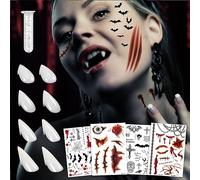 4Pairs Vampire Teeth+6 Sheets Large size Fake Tattoos,Halloween Vampire Cosplay set Vampire Fangs Temporary Tattoo for Women Men Kids Halloween Party Cosplay