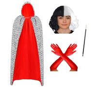 4pc Adult Dalmatian Costume - Evil Dog Lady Halloween Costumes for Women with Dalmatian Cape, Black and White Wig, Fake Cigarette Holder Long Red Gloves Fancy Dress Villain Outfit for World Book Day