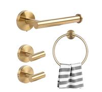 4PC Bathroom Hardware Set, Stainless Steel Wall Mounted Shelf, Includes Towel Ring Toilet Paper Holder and 2 Hooks, Brushed Gold
