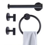 4PC Bathroom Hardware Set, Stainless Steel Wall Mounted Shelf, Includes Towel Ring Toilet Paper Holder and 2 Hooks, Black