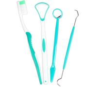 4Pc Dental Care Kit with Soft Bristle Toothbrush, Tongue Scraper, Mirror & Dentists Tooth Pick for Superior Interdental Cleaning