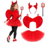 4pc Devil Costume Kids Accessories - Girls Halloween Outfit with Red Wings | Kids Devil Costume Girls, 30cm Tutu Skirt Length, Red Feather Wings, Devil Horns & Fork, Halloween Costumes For Kids