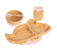 Tiny Dining Baby Feeding Set - Dinosaur - Pastel Pink - 4pc - Divided Non-Slip Bamboo Self-Feeding Weaning Plate, Bowl, Drinking Cup & Spoon for Babies, Toddlers, Children