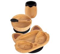 Tiny Dining Baby Feeding Set - Fox - Black - 4pc - Divided Non-Slip Bamboo Self-Feeding Weaning Plate, Bowl, Drinking Cup & Spoon for Babies, Toddlers, Children
