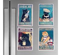 4PC Funny Cat Magnets | Vintage Kitty Biscuits Art Cats Magnet for Fridge Kitchen Locker Refrigerator Retro Cute Fun Cool 70s House Home Decor Office Decorative Accessories for Cat Lovers