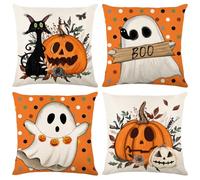 4PC Halloween Pillow Covers, Polka Dot Throw Covers with Pumpkins & Ghosts - 18x18 Inch All-Weather Decor for Indoor/Outdoor Couch, Bed or Patio (Orange/Black)