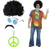 4pc Hippie Accessories for 70's Fancy Dress Men - Mens Hippie Costume Accessories Including Black Afro Wig, Peace Sign Necklace, Black Fake Moustache, Round Disco Glasses for 60s 70s Disco Fancy Dress