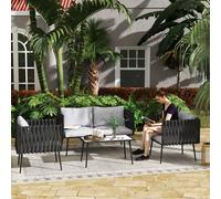 4pc Light Grey Rattan Patio Sofa Set Loveseat Chairs Faux Marble Table