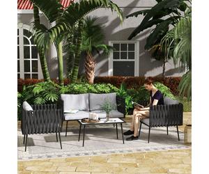 4pc Light Grey Rattan Patio Sofa Set Loveseat Chairs Faux Marble Table