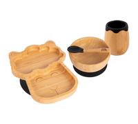 Tiny Dining Baby Feeding Set - Llama - Black - 4pc - Divided Non-Slip Bamboo Self-Feeding Weaning Plate, Bowl, Drinking Cup & Spoon for Babies, Toddlers, Children