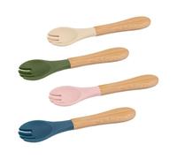 4pc Multicolour Bamboo Baby Weaning Forks with Silicone Tip Set - Small Toddler Kids First Self Feeding Food Cutlery Utensils - by Tiny Dining