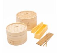4pc Oriental Cooking Set with Medium Bamboo Steamer, Large Bamboo Steamer, Sushi Maker and Bamboo Chopsticks World of Flavours Multi Large
