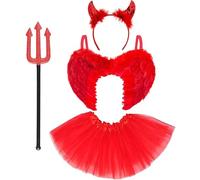 4pc Red Devil Costume Women Halloween Costumes - Red Wings Sequin Horns Headband Tutu Skirt and Pitchfork Halloween Ladies Devil Outfit - Fallen Angel Fancy Dress Accessories