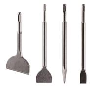 4pc SDS Plus Chisel Bit Set. Moil Point, 20mm + 50mm Wide & 75mm Angled Bit | Wide Angled Tile Bit. For Use On Bricks, Concrete, Masonry, Mortar, Marble, Tiles and Hard Stone. For SDS & SDS Plus Drills.