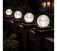 4pc Solar Fence Post Cap Lights - Crackle Glass Ball LED Outdoor Lighting | Outdoor Solar Lights For Fence Posts, Waterproof Decking, Patio & Pathway Garden Lights, Decorative Crackle Glass Globes