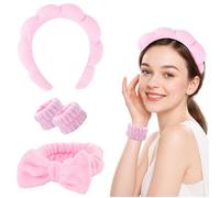 4Pc Spa Headband Set Washing Face Soft Terry Cloth Sponge Makeup Hairbands with Wristbands for Women Girls Skincare Headband for Shower Yoga Bath (Pink)