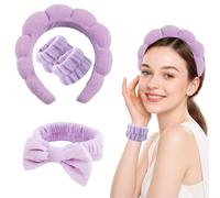 4Pc Spa Headband Set Washing Face Soft Terry Cloth Sponge Makeup Hairbands with Wristbands for Women Girls Skincare Headband for Shower Yoga Bath (Purple)