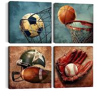 4PC Sports Canvas Wall Art Framed Boys Room Decor Rustic Football Baseball Basketball Soccer Wall Decor Sport Theme Posters Vintage Canvas Prints Picture Artwork Playroom Boys Bedroom Decor