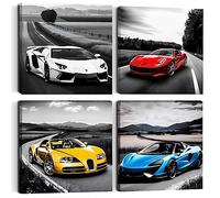 4PC Sports Car Canvas Wall Art - Framed Colorful Supercar Painting Picture - Racing Car Garage Wall Decor - Black and White Themed Modern Canvas Prints for Boys Room, Men Bedroom, Office