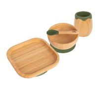 Tiny Dining Baby Feeding Set - Square - Olive Green - 4pc - Divided Non-Slip Bamboo Self-Feeding Weaning Plate, Bowl, Drinking Cup & Spoon for Babies, Toddlers, Children