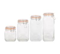 Argon Tableware 4 Piece Square Glass Jar with Clip-top Lids Set - 760ml to 2L - Airtight Kitchen Mason Jar Food Storage Preserving Container for Pickling, Chutney, Jam, Coffee, Oats