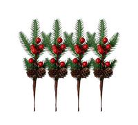4PC Sred Berries Christmas Decor, 24cm Christmas Branch Crafts, Artificial Evergreen Branches of Holly, and Small Pine Cones for Picking and Decoration (B)