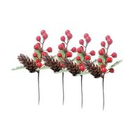 4PC Sred Berries Christmas Decor, 24cm Christmas Branch Crafts, Artificial Evergreen Branches of Holly, and Small Pine Cones for Picking and Decoration (A)
