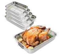 4Pc Stainless Steel Roasting Oven Pan Dish Baking Roaster Tin Grill Rack + Tray Kitchen Cookware Removable Racks