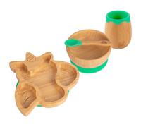 Tiny Dining Baby Feeding Set - Unicorn - Green - 4pc - Divided Non-Slip Bamboo Self-Feeding Weaning Plate, Bowl, Drinking Cup & Spoon for Babies, Toddlers, Children