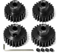 4Pcs 0.6M Hardened Steel Pinion Gear Set 3.175mm 22T 23T 24T 25T Motor Pinion Gear with M4 Screw and Hex Key, Fit 3.175mm (1/8-Inch) Shaft, for Arrma HPI Kyosho Losi Axial Traxxas Tamiya 1/10 RC Car
