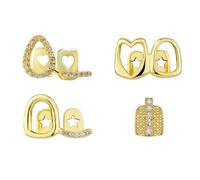 4PCS 14K Gold Plated Grillz Single Double Tooth Caps Vampire Fangs Fake Grill Open Face Diamond Grills for Your Teeth Grillz for Women Men Hip Hop Rapper Costume Accessory, One Size, Brass, Cubic