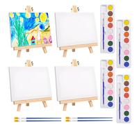 4PCS 18x24cm Easel with 15x20cm Canvas Set, Mini Easel with Art Canvas, 4 8-Colour Solid Paint Trays, 8 Paint Brushes, Table Top Wooden Easel and Canva for Acrylic Painting Handcrafted Oils Drawings